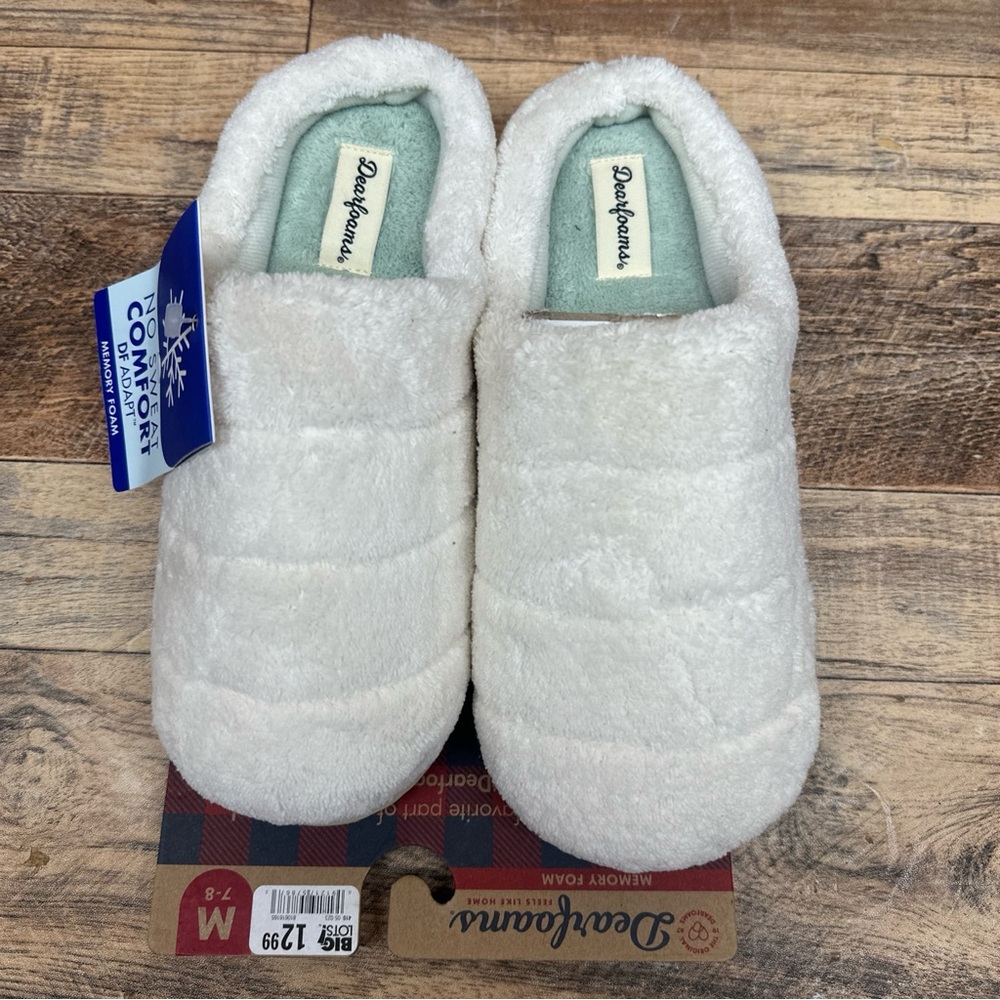 dearfoams Cream Plush Kids Slip-On Memory Foam Slippers